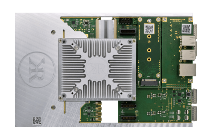 Top view of KRC-6000 evaluation carrier with heat sink on KRM-6 RFSoC