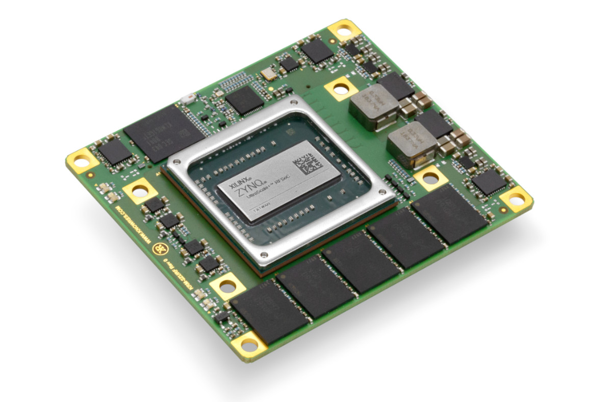Angled view of Knowledge Resources' KRM-2ZU67DR FPGA module featuring the AMD RFSoC DFE Ultrascale+ series