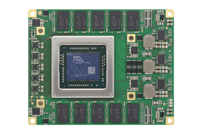 Overhead view of KRM-6ZU49DR FPGA module featuring the AMD RFSoC GEN3 Ultrascale+ series