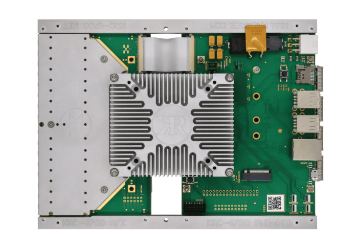 Top view of KRC-4700 evaluation carrier with heat sink on KRM-4 RFSoC.